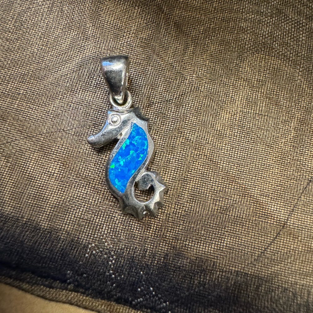 925 Sterling Silver Seahorse Charm with Blue Opal inlay